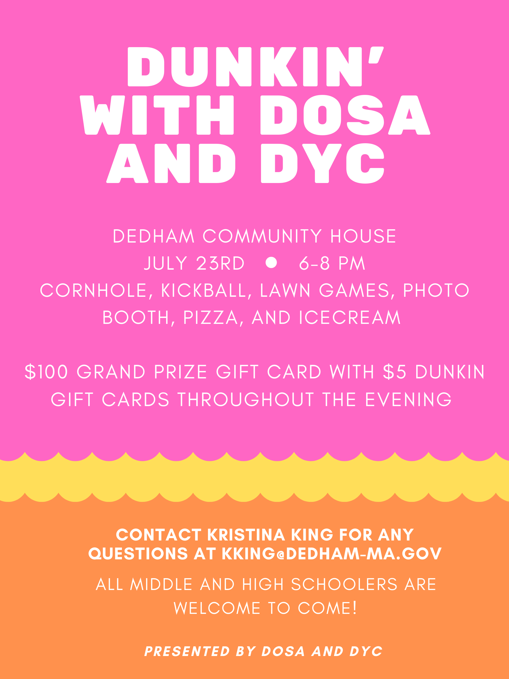 Dunkin with DOSA and DYC event flyer July 23, 2021