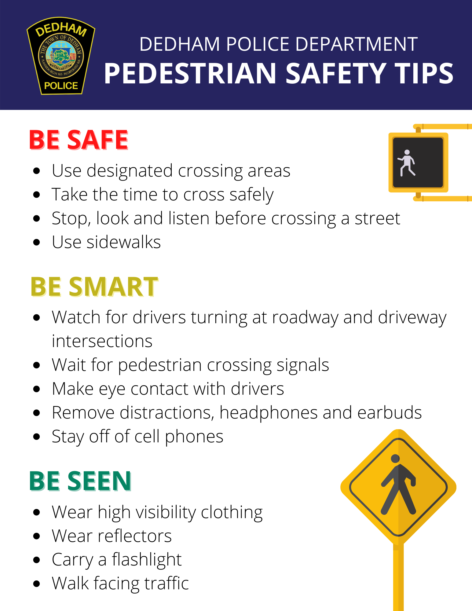 Be Safe, Be Smart, Be Seen Pedestrian Safety Graphic