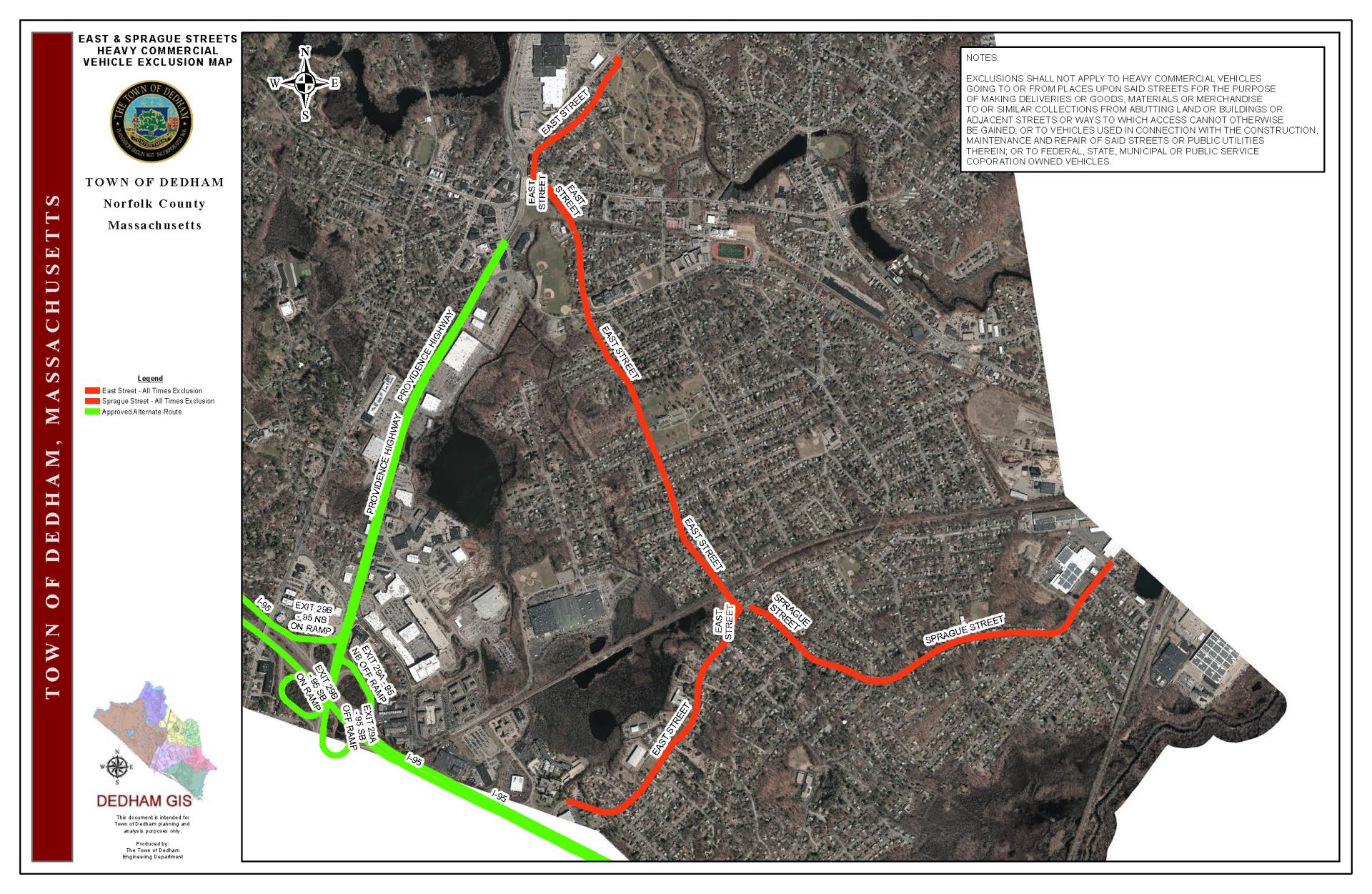 Aerial map of East Street and Sprague Street HCVE exlusions. The red line shows the existing exclusions from 8 PM to 6 AM. The green line is a MassDOT approved alternate route.