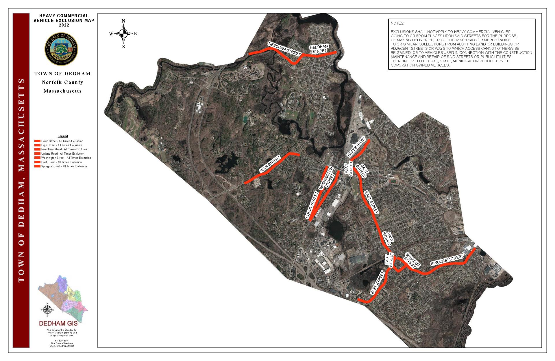 Aerial map of Dedham roadways with existing exclusions, shown in red.