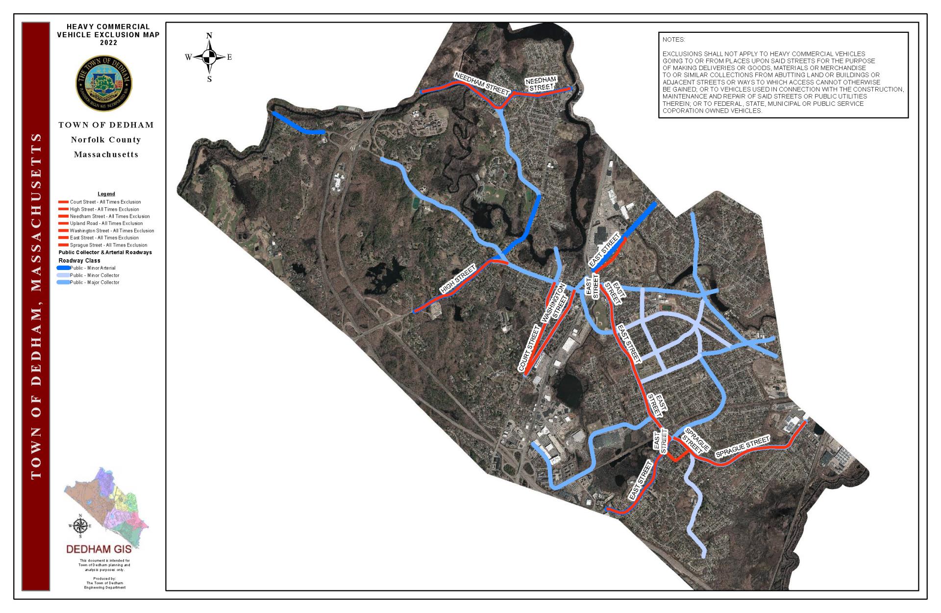 Aerial town-wide made of existing HCVE exclusions, shown in red, and collector roadways, shown in blue.