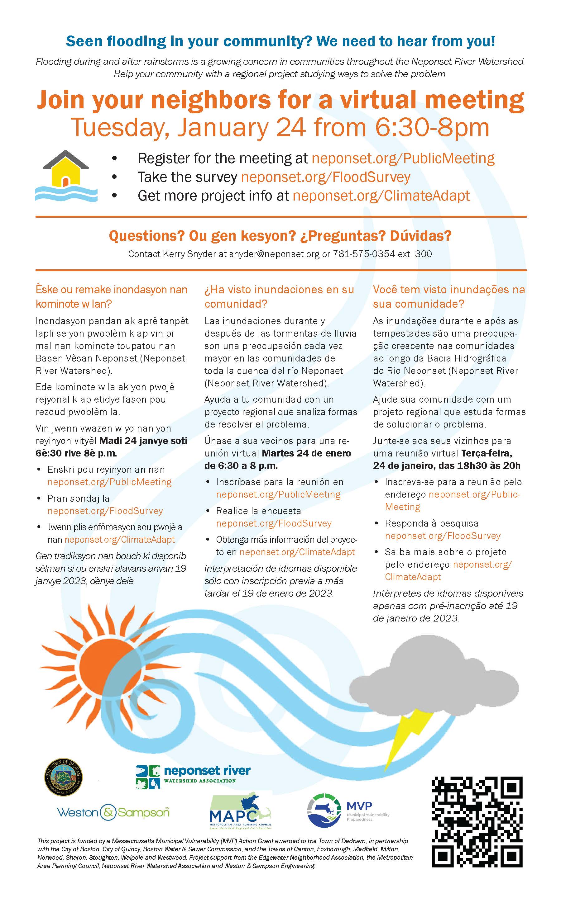 Meeting flyer for Neponset River Watershed Association virtual public meeting on January 24, 2023