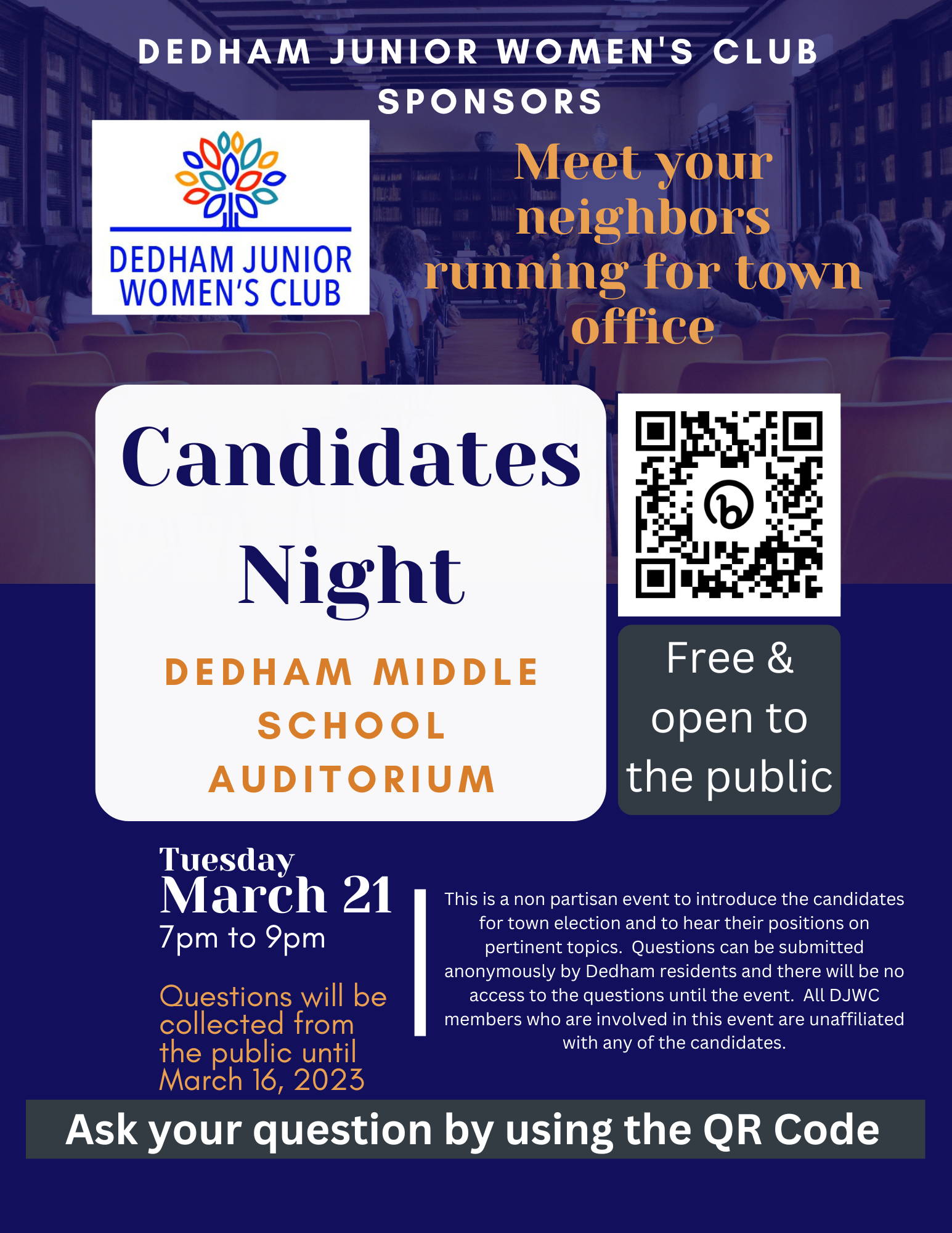 Dedham Junior Women's Club Candidates Night event flyer with DJWC logo and text that reads Candidates Night Dedham Middle School Auditorium March 21, 2023 7PM to 9PM