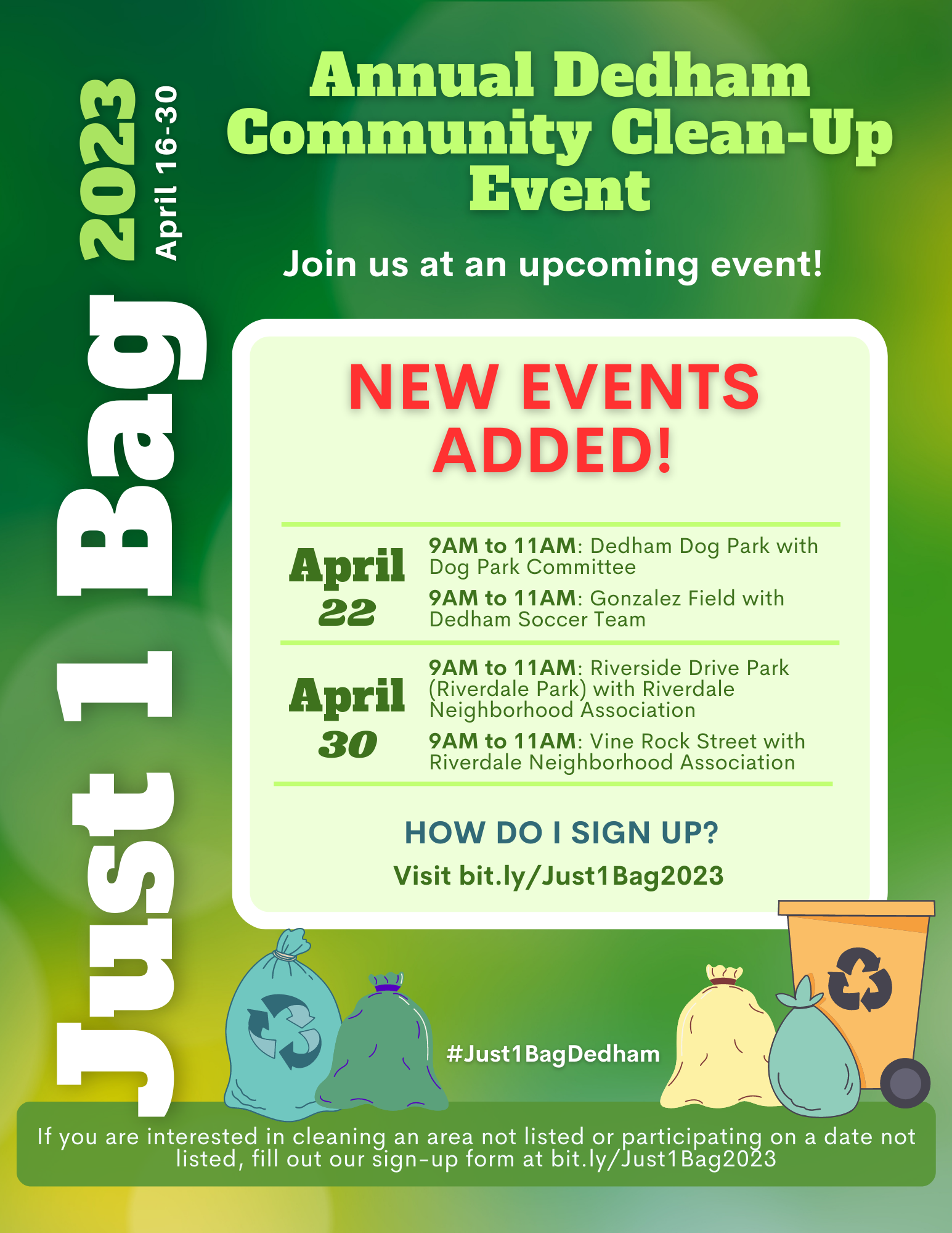 NEW EVENTS ADDED Dedham Just 1 Bag Event 2023 Flyer